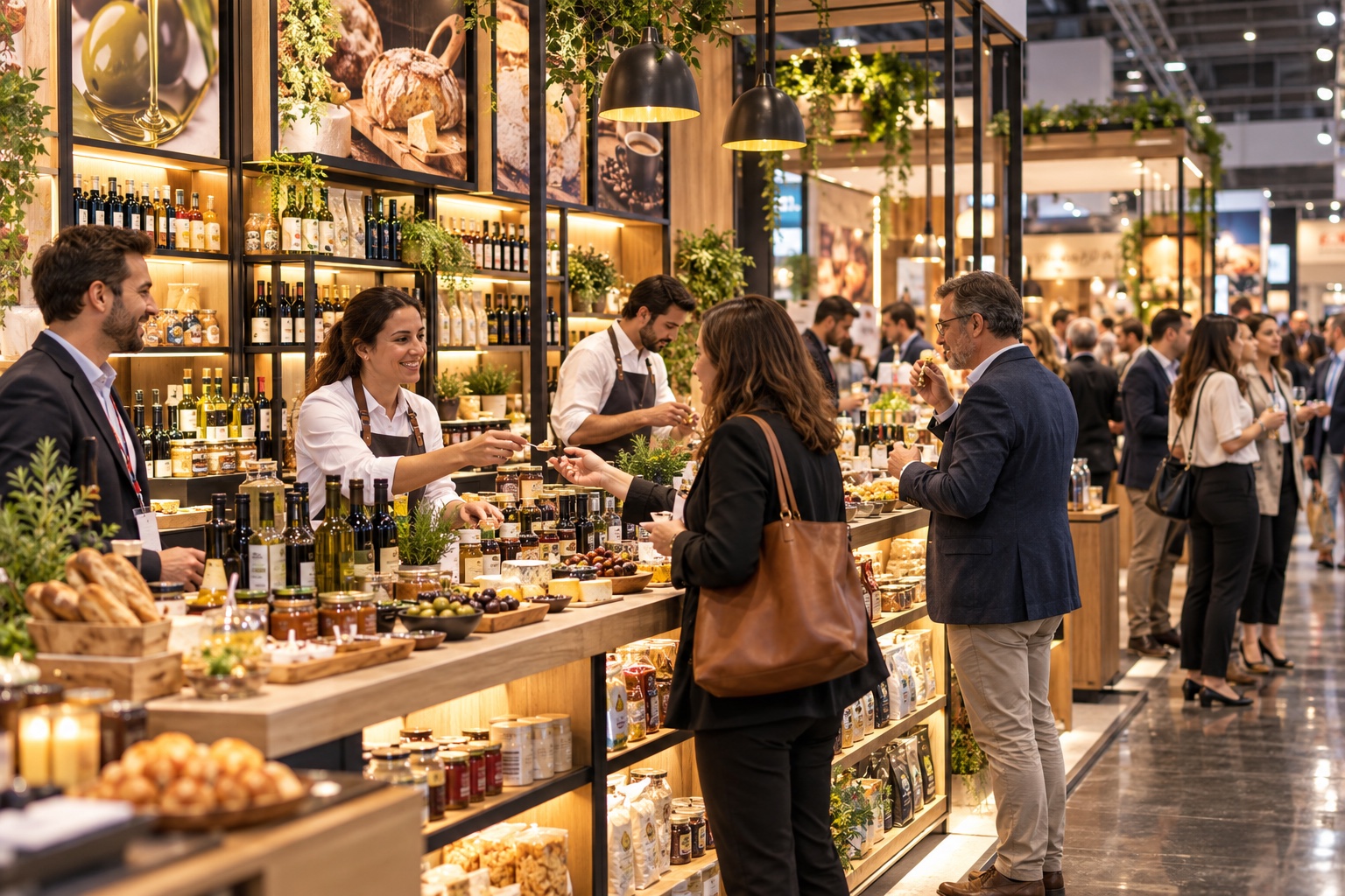 Visitantes conocen productos de alimentos y bebidas en una exposición